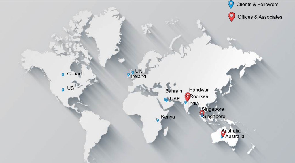 Global presence — red Offices & Associates, blue Clients & Followers